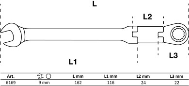 Ráčnový očkoplochý klíč s dvojitým kloubem | kloubový | 9 mm 