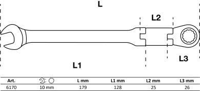 Dobbeltledet skralde-gaffelringnøgle | m. vinkel | 10 mm 