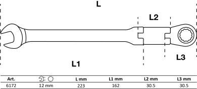 Ráčnový očkoplochý klíč s dvojitým kloubem | kloubový | 12 mm 