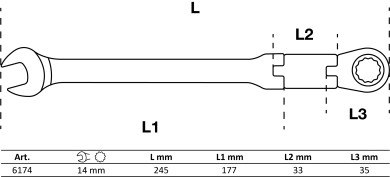 Ráčnový očkoplochý klíč s dvojitým kloubem | kloubový | 14 mm 