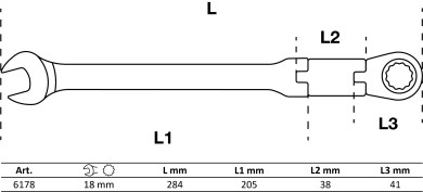 Dobbeltledet skralde-gaffelringnøgle | m. vinkel | 18 mm 