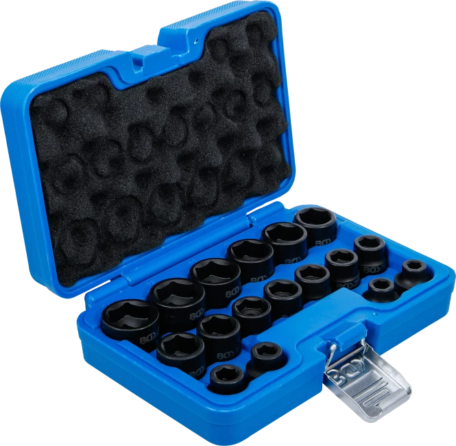 Conjunto de encaixes para chave de caixa de impacto sextavados, extra planos | Entrada de quadrado interno de 12,5 mm (1/2") | 8 - 24 mm | 17 peças 