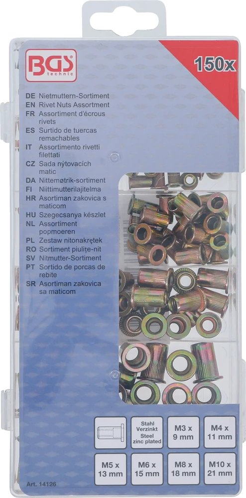 Szegecsanya készlet | horganyzott acél | 150 darabos