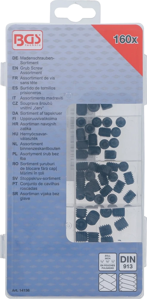 Hernyócsavar-választék | Collban megadott méretek | 160 darabos