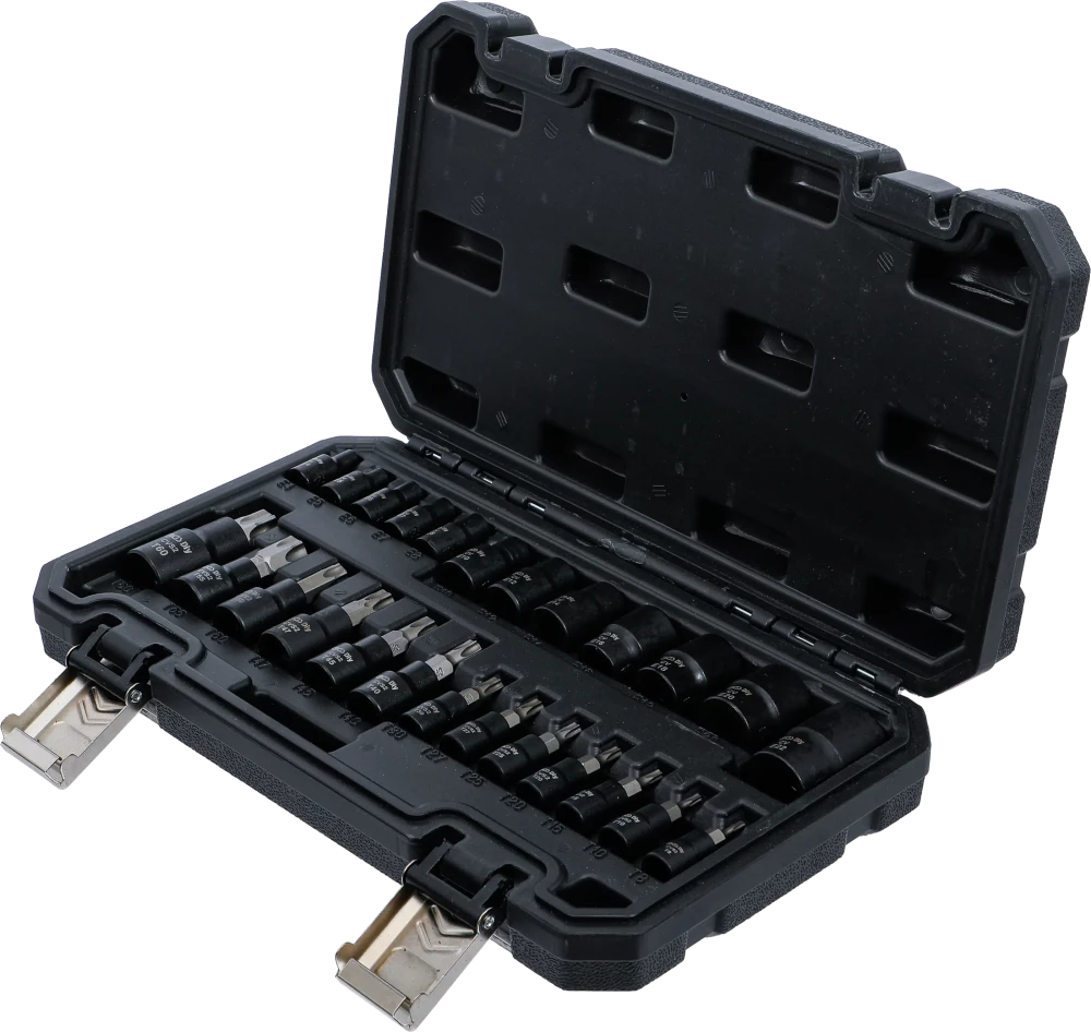 Behajtófej/dugókulcskészlet | 6,3 mm (1/4"), 10 mm (3/8"), 12,5 mm (1/2") | E-profil/T-profil (Torx) | 25 darabos