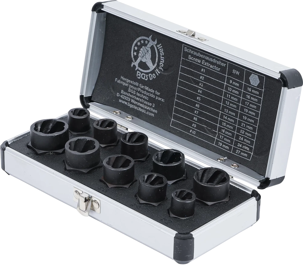 Spirálbites dugókulcskészlet /csavarkiszedő | 10 mm (3/8") / külső hatszögletű | 9 - 19 mm | 10 darabos