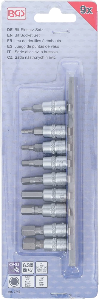 Behajtófej-készlet | 6,3 mm (1/4") | Belső hatszögletű 3/32" - 3/8" | coll méretek | 9 darabos