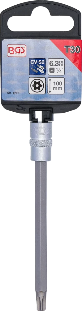 Behajtófej | Hossz 100 mm | 6,3 mm (1/4") | T-profil (Torx) T30 furattal