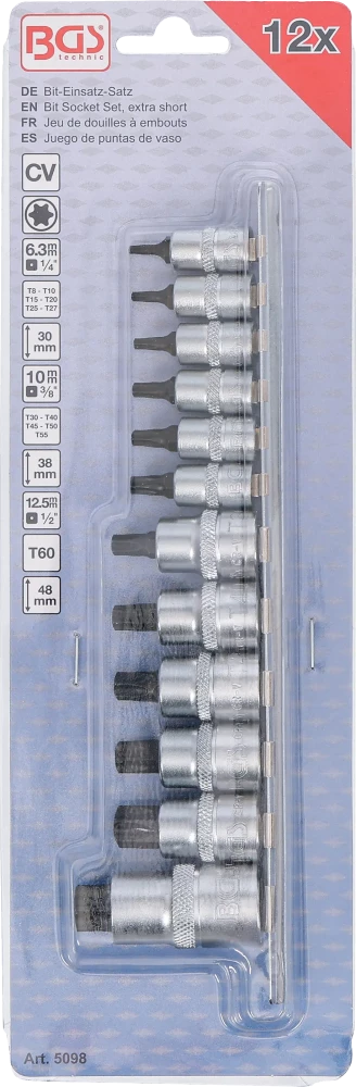 Behajtófej-készlet | extra rövid | T-profil (Torx) T8 - T60 | 12 darabos