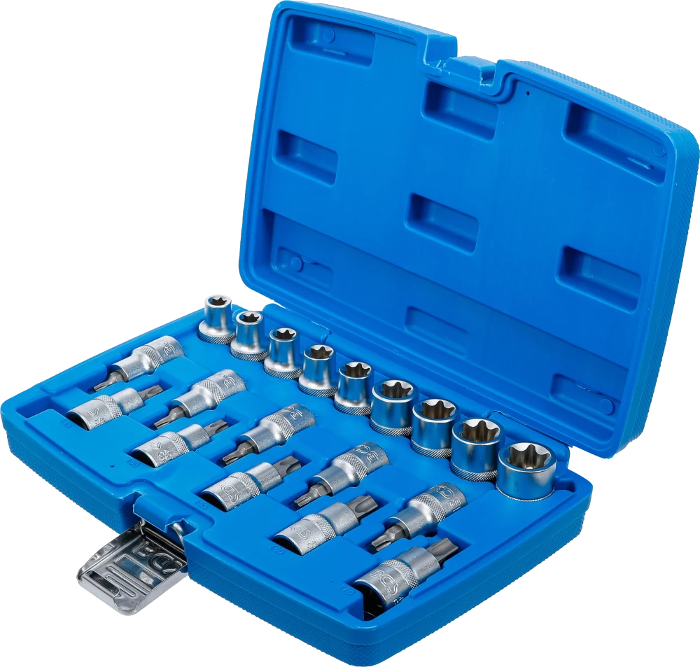 Behajtófej/dugókulcskészlet | 12,5 mm (1/2") | E-profil / T-profil (Torx) | 19 darabos