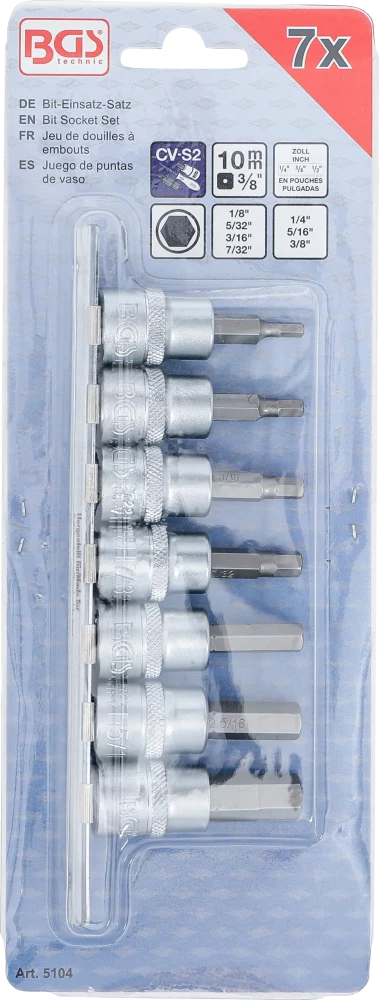 Behajtófej-készlet | 10 mm (3/8") | Belső hatszögletű 1/8" - 3/8" | coll méretek | 7 darabos