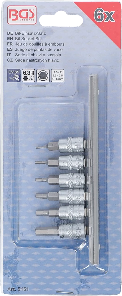 Behajtófej-készlet | 6,3 mm (1/4") | Belső hatszögletű 1,5 - 6 mm | 6 darabos