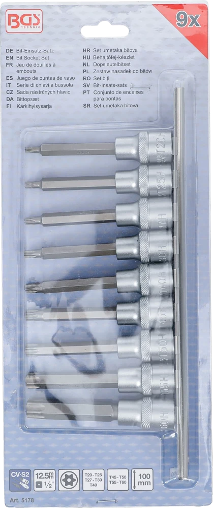 Behajtófej-készlet | 12,5 mm (1/2") | T-profil (Torx) furattal | 9 darabos