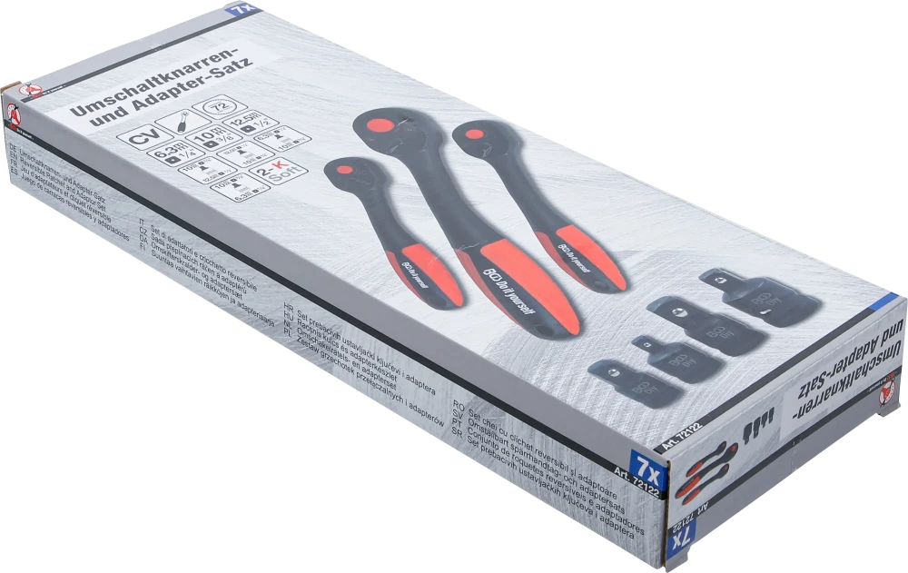 Racsnis kulcs és adapterkészlet | finomfogazású | külső négyszögletű 6,3 mm (1/4") - 10 mm (3/8") - 12,5 mm (1/2") | 7 darabos