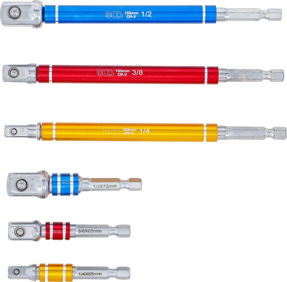 Adapterkészlet fúrógépekhez | színes | Külső hatszögletű kulcsnyílású hajtás 6,3 mm (1/4") | Külső hatszögletű 6,3 mm (1/4"), 10 mm (3/8"), 12,5 mm (1/2")| 75 - 150 mm | 6 darabos