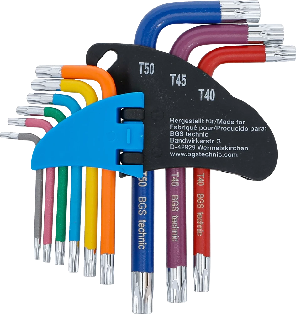 Derékszögű kulcs készlet | több színű | rövid | T-profil (Torx) T10 - T50 | 9 darabos