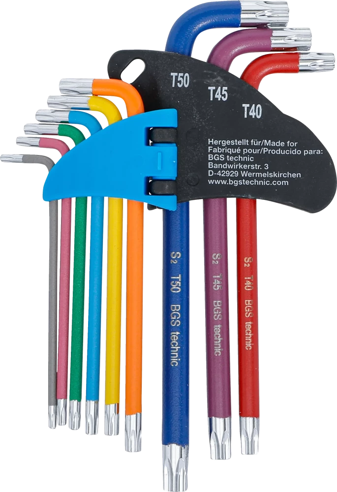 Derékszögű kulcs készlet | több színű | T-profil (Torx) T10 - T50 | 9 darabos