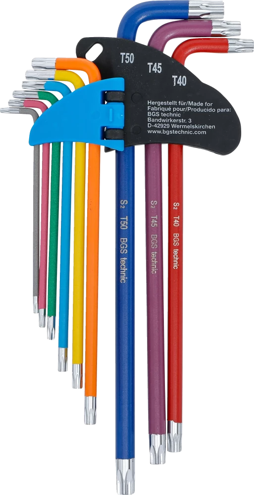Derékszögű kulcs készlet | több színű | extra hosszú | T-profil (Torx) T10 - T50 | 9 darabos