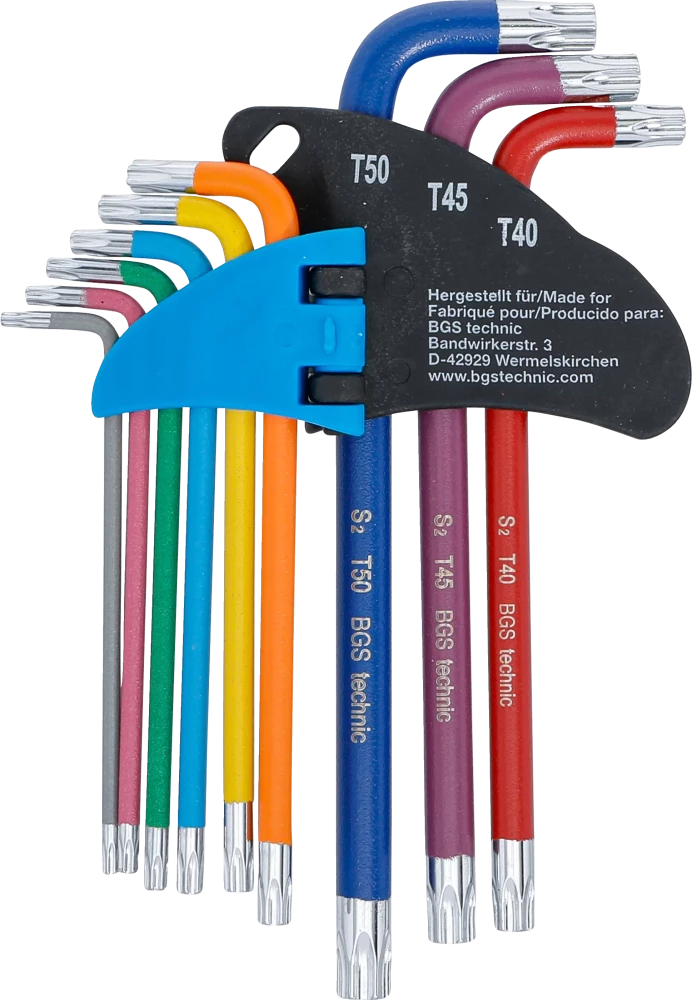 Derékszögű kulcs készlet | több színű | T-profil (Torx) T10 furattal - T50 | 9 darabos
