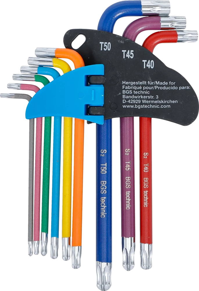 Derékszögű kulcs készlet | több színű | T-profil (Torx) furattal és gömbfejjel T10 - T50 | 9 darabos