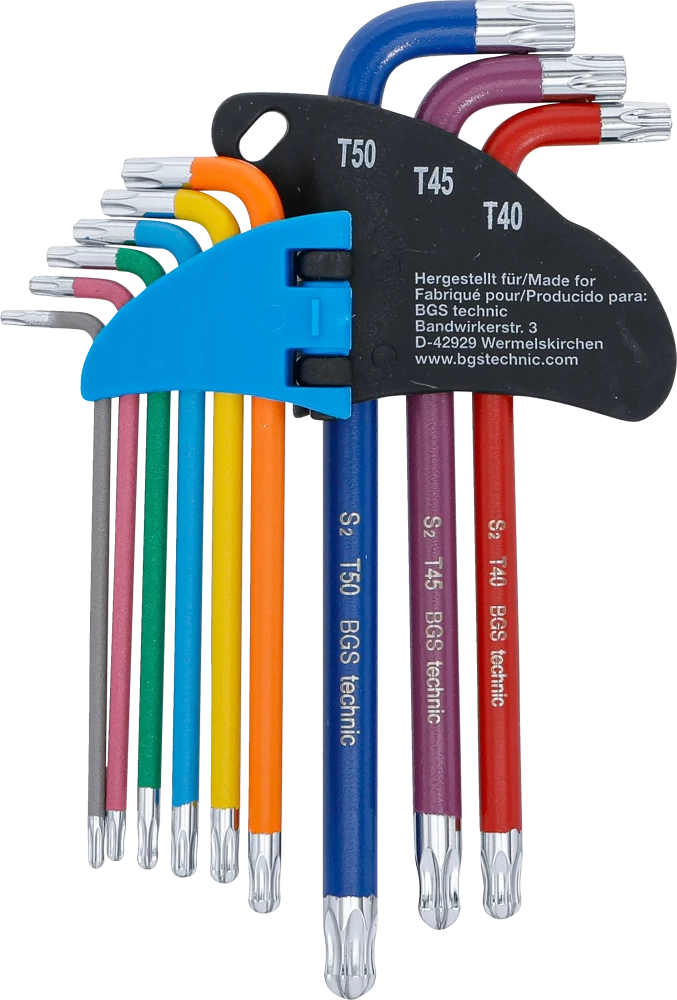 Derékszögű kulcs készlet | több színű | T-profil (Torx) gömbfejes T10 - T50 | 9 darabos