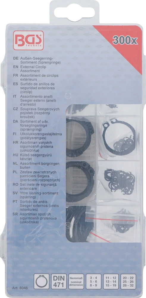 Külső seegergyűrű készlet | Ø 3 - 32 mm | 300 darabos