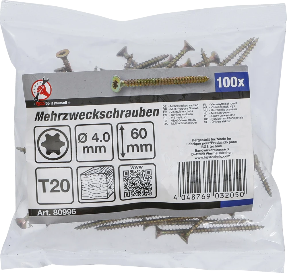 Univerzális csavarok | T-profil (Torx) T20 | 4,0 x 60 mm | 100 db