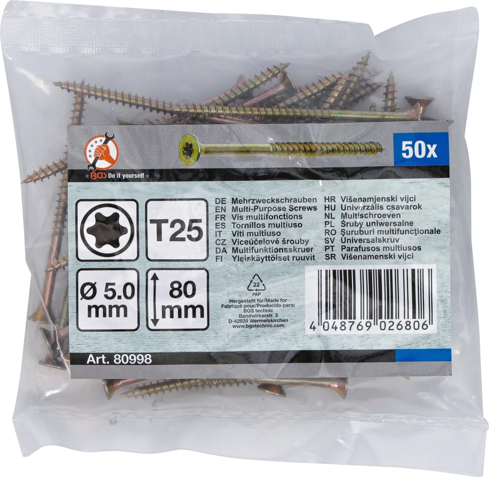 Univerzális csavarok | T-profil (Torx) T25 | 5,0 x 80 mm | 50 db