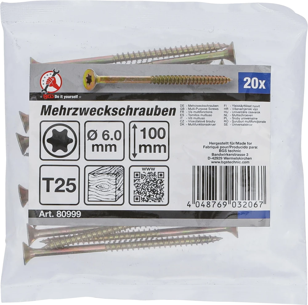 Univerzális csavarok | T-profil (Torx) T25 | 6,0 x 100 mm | 20 db