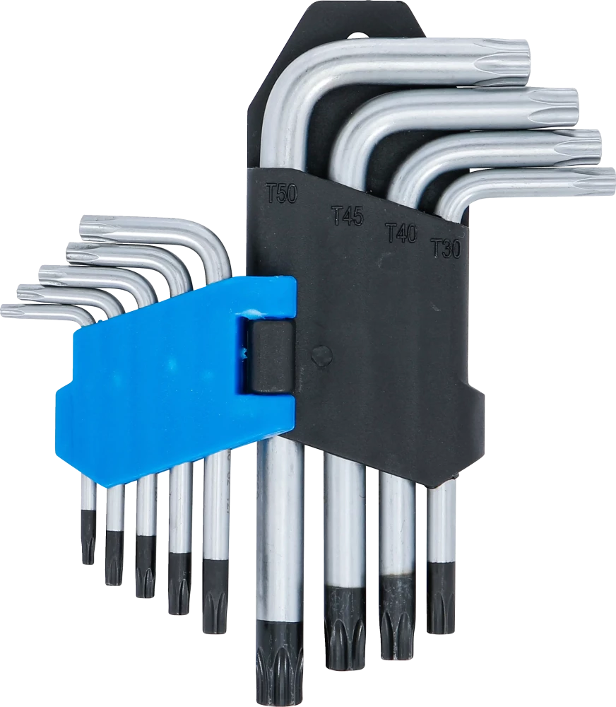 Derékszögű kulcs készlet | rövid | T-profil (Torx) T10 furattal - T50 | 9 darabos