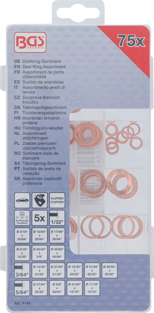 Tömítőgyűrű-készlet | Vörösréz | coll méretek | Olajleeresztő csavarok | 75 darabos