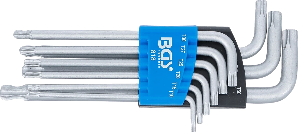 Derékszögű kulcs készlet | T-profil (Torx) gömbfejes | T10 - T50 | 9 darabos