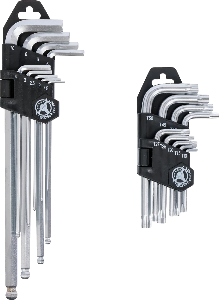 Derékszögű kulcs készlet | hosszú | T-profil (Torx) T10 - T50 / Belső hatszögletű 1,5 - 10 mm | 18 darabos