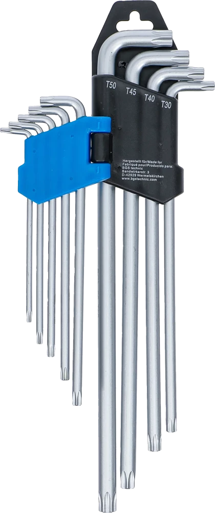 Derékszögű kulcs készlet | extra hosszú + extra rövid | T-profil (Torx) T10 - T50 | 9 darabos