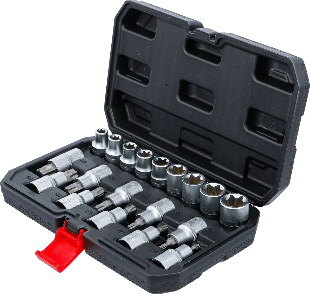 Behajtófej-/dugókulcskészlet | belső hatszögletű 12,5 mm (1/2") | T-profil (Torx) / E-profil | 19 darabos
