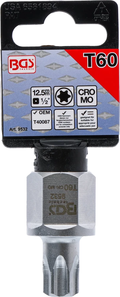Bordásszíj-behajtófej | 12,5 mm (1/2"), külső hatszögletű 22 mm | T-profil (Torx) T60