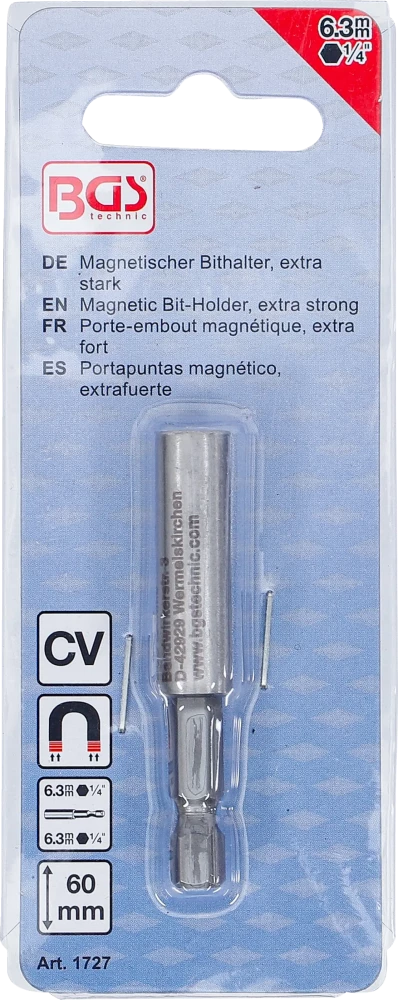 Mágneses behajtófej-tartó, extra erős | Külső hatszögletű 6,3 mm (1/4") | 60 mm