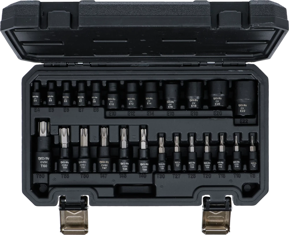 Behajtófej/dugókulcskészlet | 6,3 mm (1/4"), 10 mm (3/8"), 12,5 mm (1/2") | E-profil/T-profil (Torx) | 25 darabos