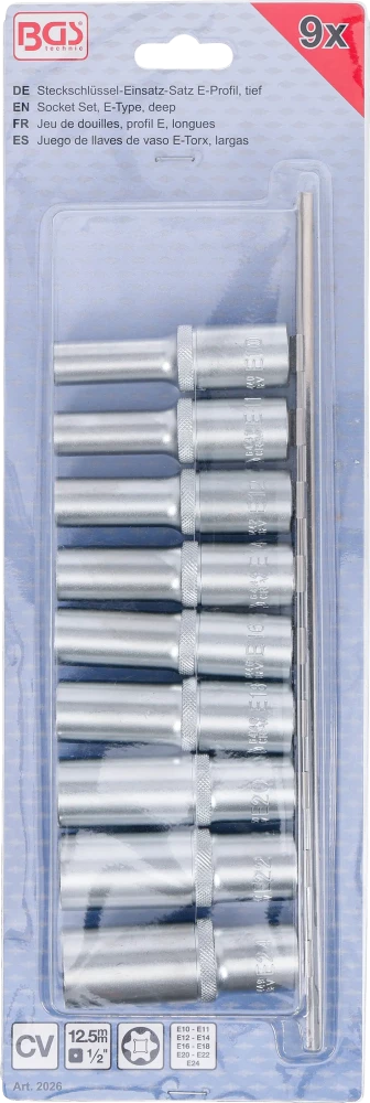 Dugókulcskészlet, E-profil, mély | 12,5 mm (1/2") | E10 - E24 | 9 darabos