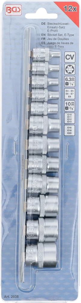 Dugókulcskészlet, E-profil | 6,3 mm (1/4") / 10 mm (3/8") | E4 - E20 | 12 darabos