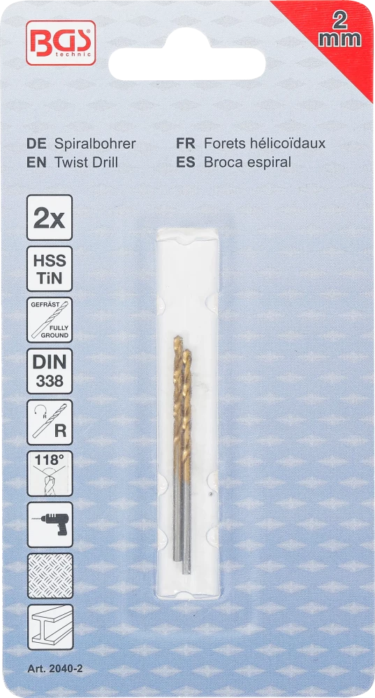 Spirálfúró | HSS-G | titánnal ötvözött nitrátozott | 2,0 mm | 2 darabos