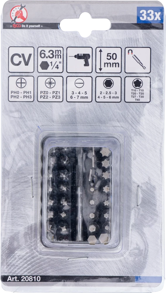 Behajtófej készlet biztosítócsavarokhoz | külső hatszögletű kulcsnyílású hajtás 6,3 mm (1/4") | 33 darabos