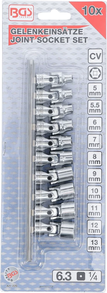Csuklós dugókulcskészlet | 6,3 mm (1/4") | 5 - 13 mm | 10 darabos