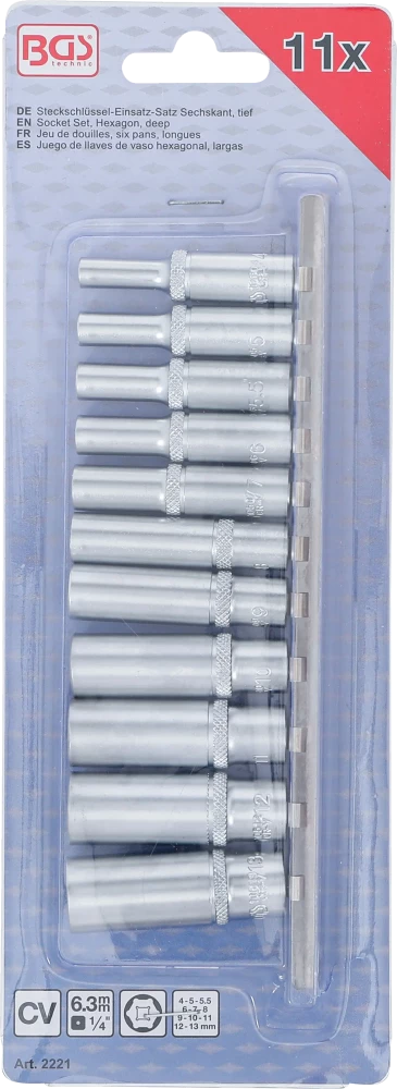 Dugókulcskészlet, hatszögletű, mély | 6,3 mm (1/4") | 4 - 13 mm | 11 darabos
