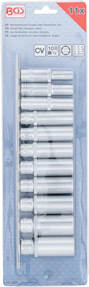 Dugókulcskészlet, hatszögletű, mély | 10 mm (3/8") | 8 - 19 mm | 11 darabos