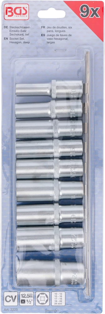 Dugókulcskészlet, hatszögletű, mély | 12,5 mm (1/2") | 10 - 24 mm | 9 darabos