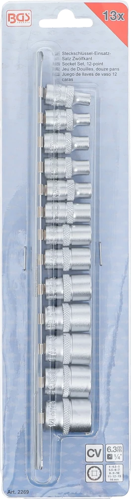 Dugókulcskészlet, tizenkétszögletű | 6,3 mm (1/4") | 4 - 14 mm | 13 darabos