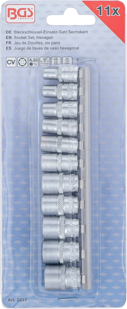 Dugókulcskészlet, hatszögletű | 6,3 mm (1/4") | coll méretek | 11 darabos
