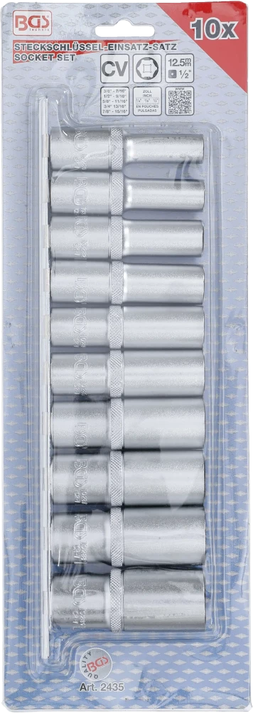 Dugókulcskészlet, hatszögletű, mély | 12,5 mm (1/2") | coll méretek | 10 darabos
