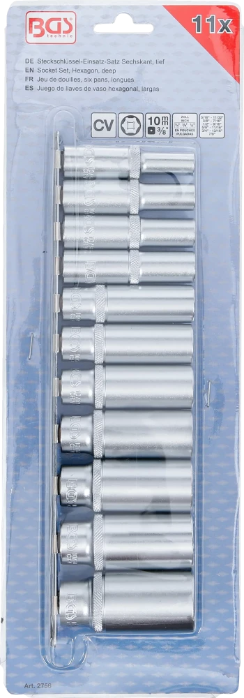 Dugókulcskészlet, hatszögletű, mély | 10 mm (3/8") | coll méretek | 11 darabos